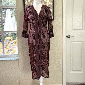 Vintage Gala Collection Burgundy Embroidered Mesh Floral Dress